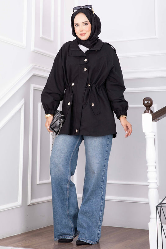 Korte Trenchcoat Met Rits En Verstelbare Taille In Zwart