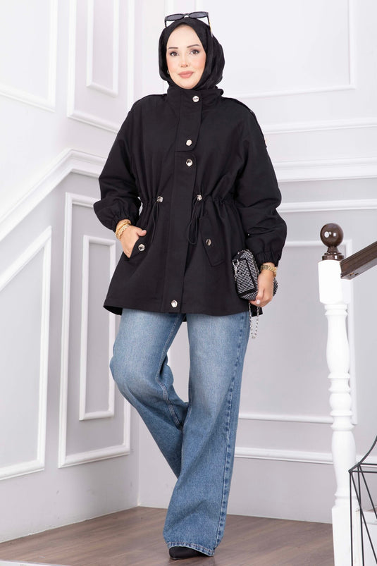 Korte Trenchcoat Met Rits En Verstelbare Taille In Zwart