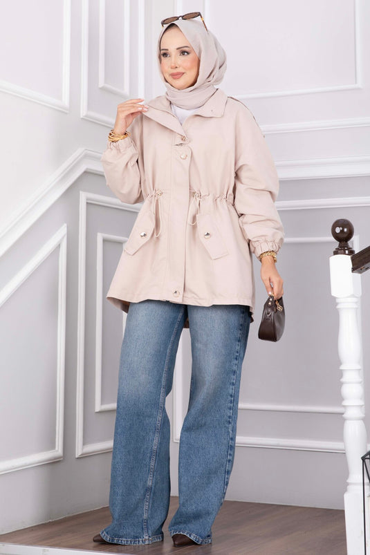 Zippered Adjustable Waist Short Trench Coat With Embellishments