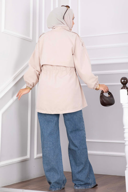 Zippered Adjustable Waist Short Trench Coat With Embellishments