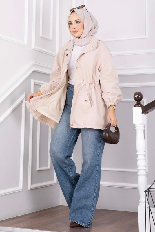 Zippered Adjustable Waist Short Trench Coat With Embellishments
