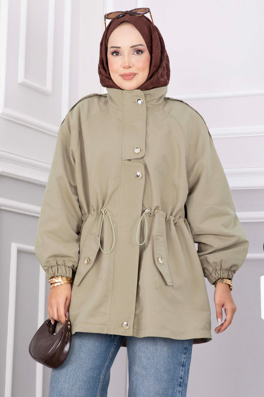 Kort Trenchcoat Met Rits En Verstelbare Taille In Olijfgroen