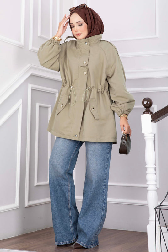 Kort Trenchcoat Met Rits En Verstelbare Taille In Olijfgroen