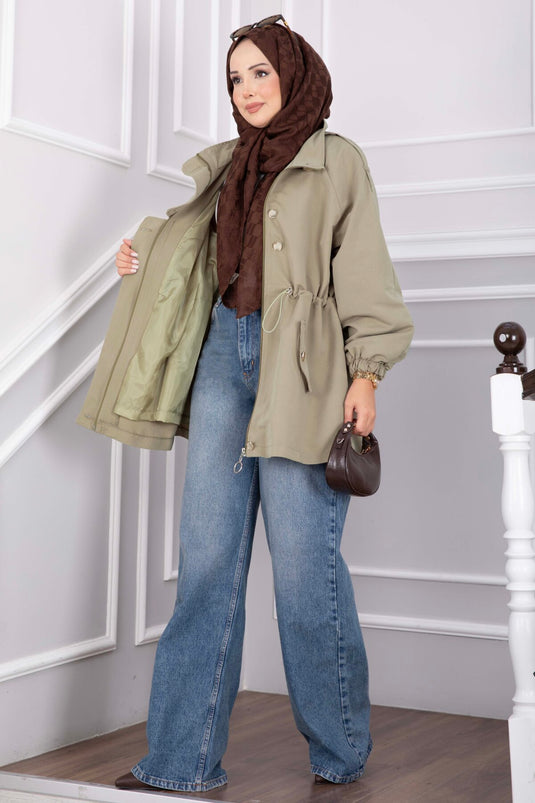 Kort Trenchcoat Met Rits En Verstelbare Taille In Olijfgroen