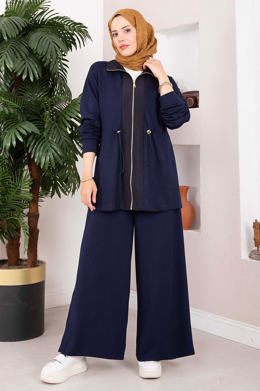 Conjunto De Dos Piezas Azul Marino Con Cremallera Y Cintura Ajustable