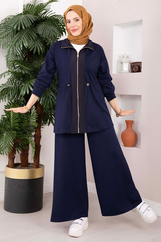 Conjunto De Dos Piezas Azul Marino Con Cremallera Y Cintura Ajustable