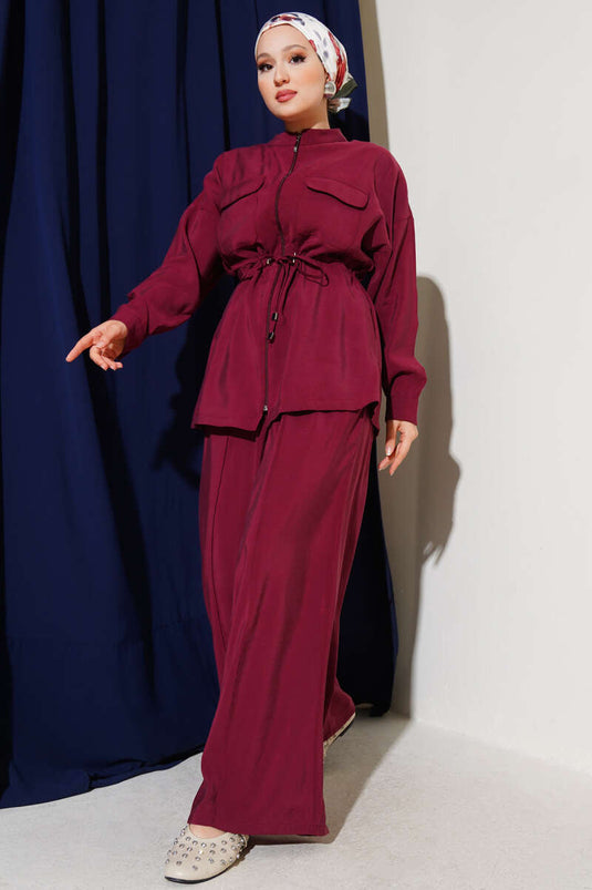 Zippered Waist Tunneled Two Piece Suit Claret Red