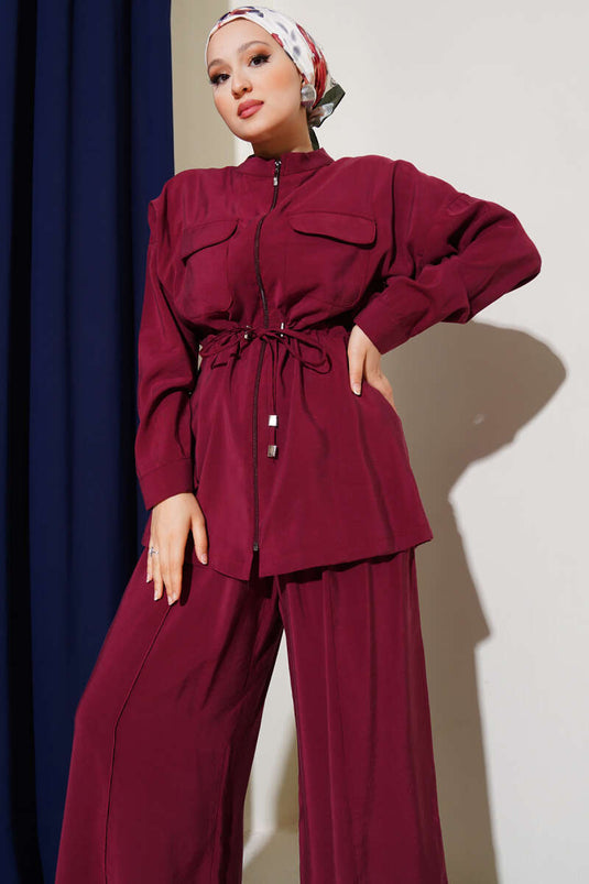 Zippered Waist Tunneled Two Piece Suit Claret Red