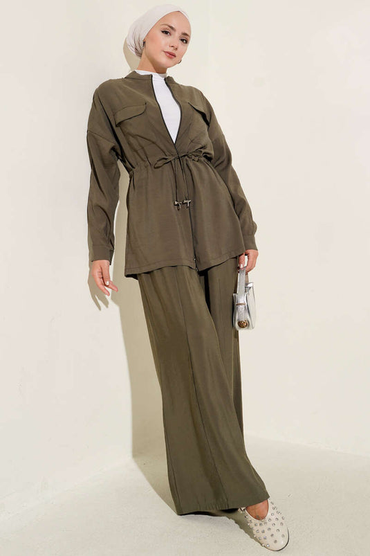 Fermuarlı Beli Tünelli İkili Takım Haki