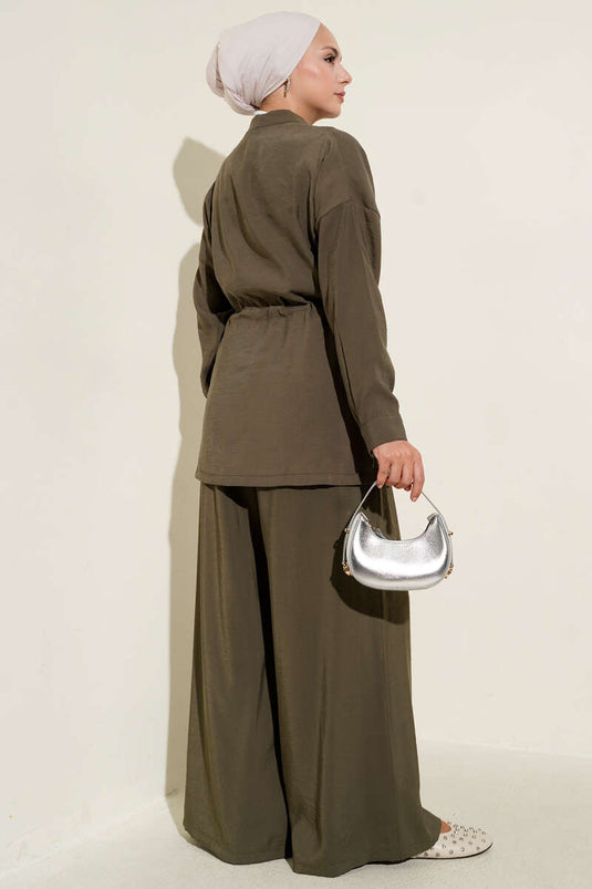 Fermuarlı Beli Tünelli İkili Takım Haki