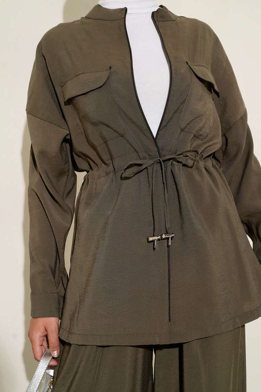 Fermuarlı Beli Tünelli İkili Takım Haki