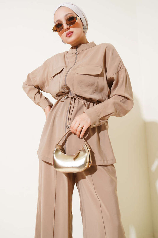 طقم لاتيه مكون من قطعتين بسحاب على الخصر