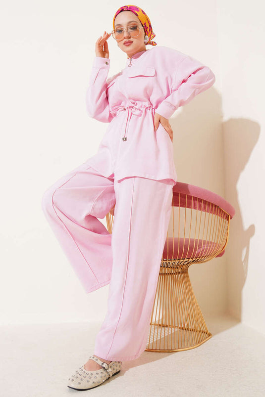 طقم خصر بسحاب مكون من قطعتين باللون الوردي