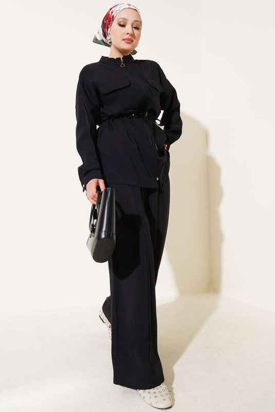 Zippered Waist Tunnel Two Piece Set Black