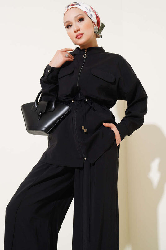 Zippered Waist Tunnel Two Piece Set Black