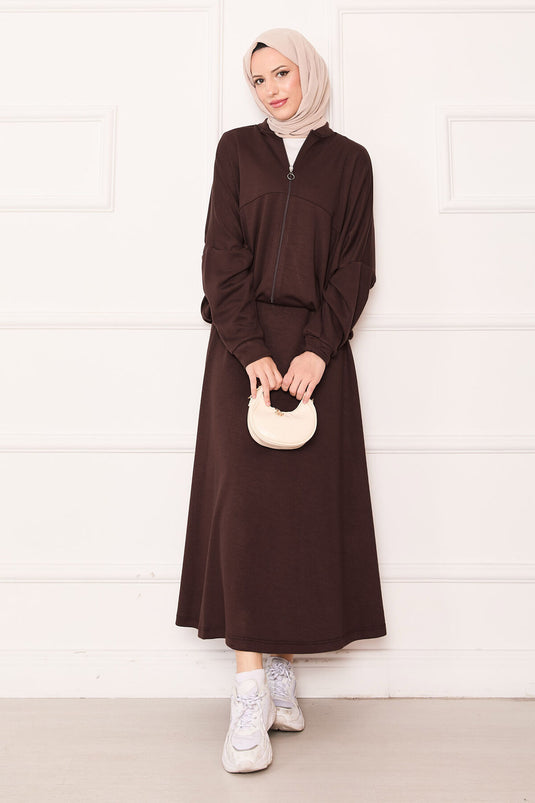 Zip-up Bomber Jacket and Skirt Set, Coffee