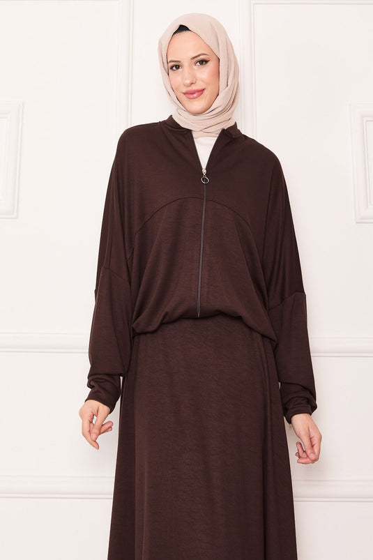 Zip-up Bomber Jacket and Skirt Set, Coffee