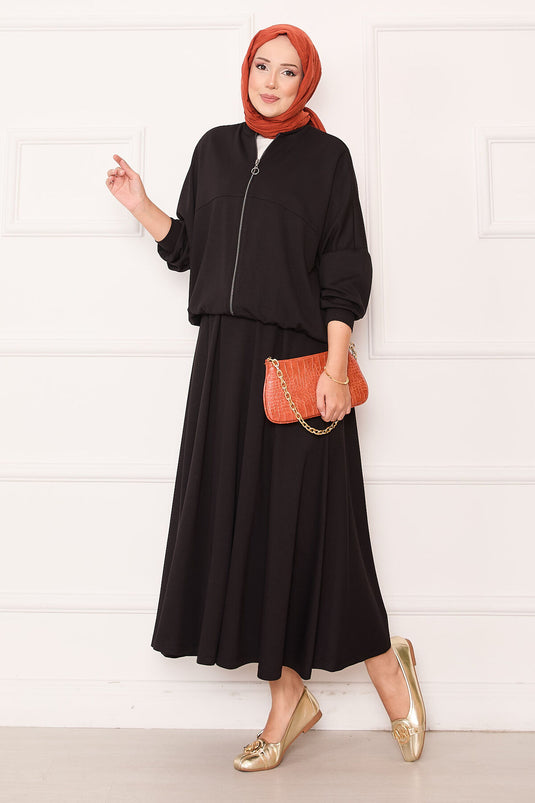 Zippered Bomber Jacket and Skirt Set Black