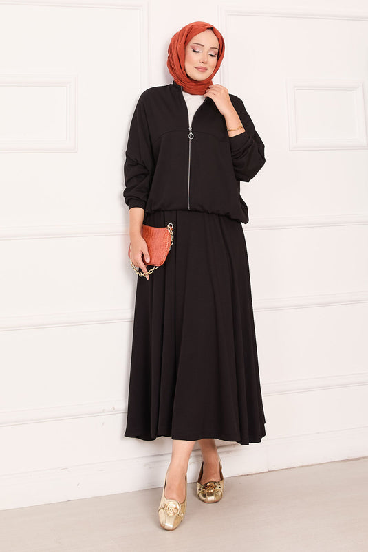 Zippered Bomber Jacket and Skirt Set Black