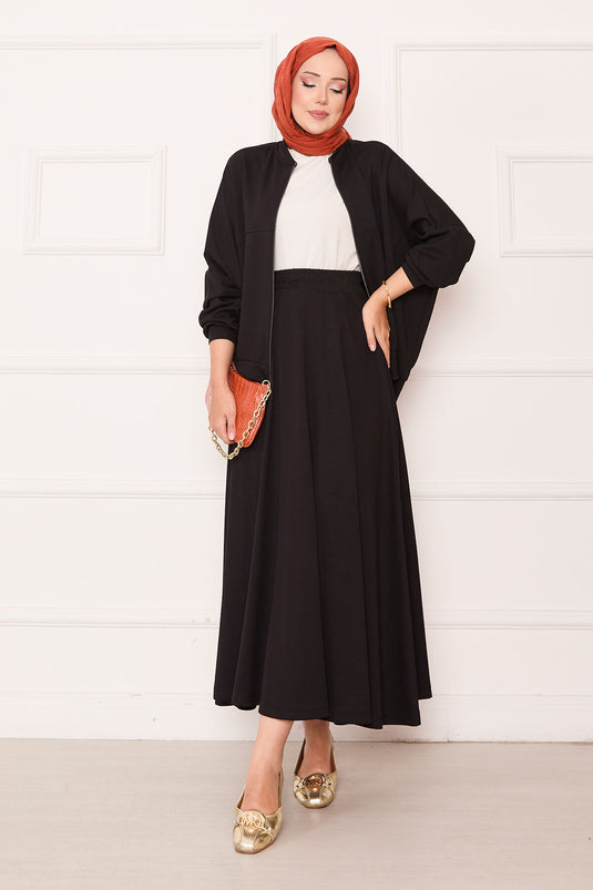 طقم جاكيت وتنورة بسحاب أسود