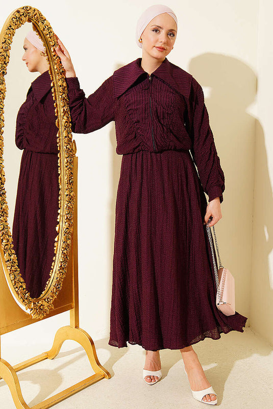 Ensemble deux pièces avec jupe à cordon et fermeture éclair, couleur prune