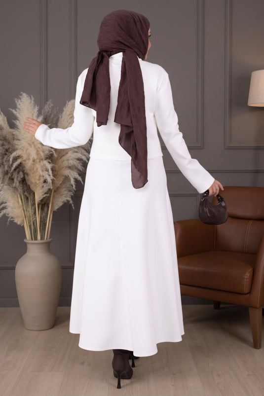 طقم جاكيت بسحاب وتنورة وسكوبا بلون إيكرو