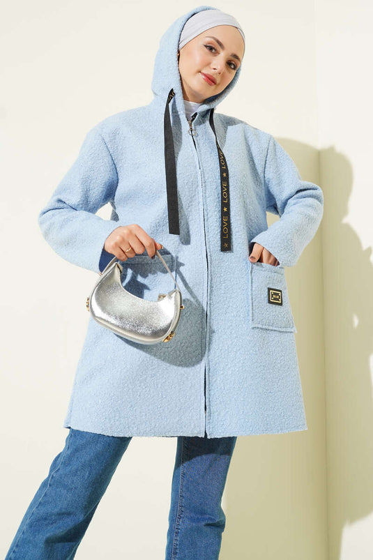 Baby Blue Bouclé Coat with Zipper Pocket and Emblem