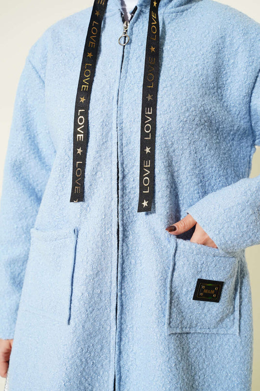 Baby Blue Bouclé Coat with Zipper Pocket and Emblem