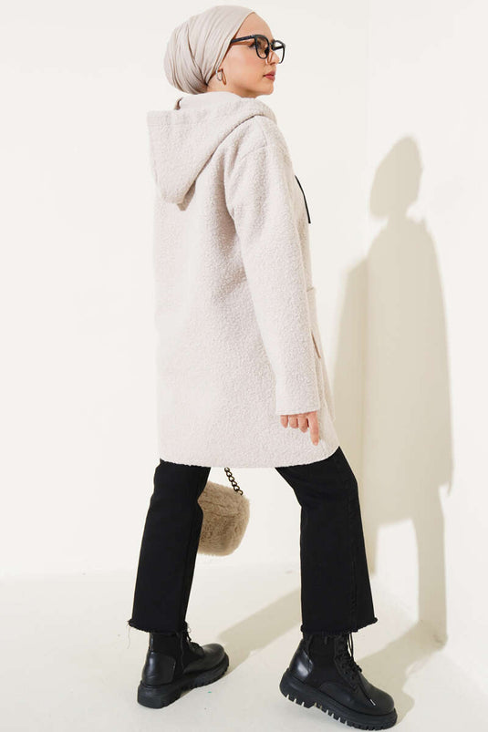 Zippered Pocket Embroidered Boucle Coat Beige