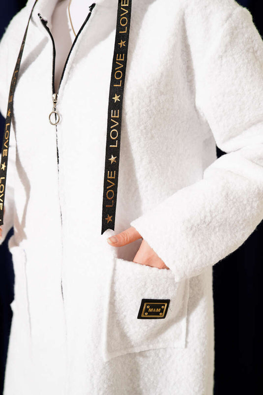 Fermuarlı Cep Armalı Buklet Kaban Beyaz