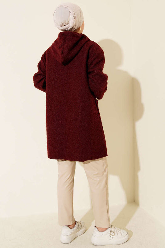 Zippered Pocket Embroidered Boucle Coat Burgundy