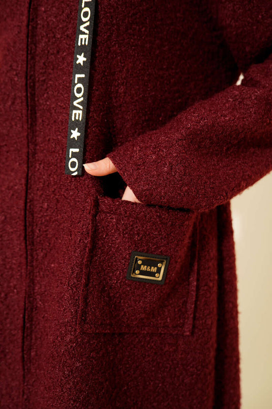 Zippered Pocket Embroidered Boucle Coat Burgundy