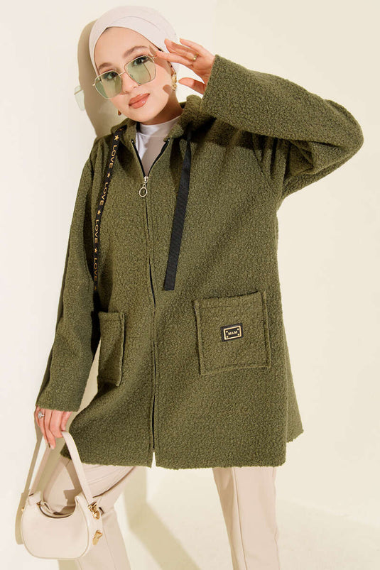 Zippered Pocket Embroidered Boucle Coat Almond Green