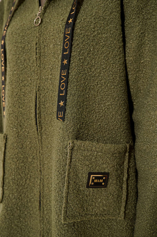 Zippered Pocket Embroidered Boucle Coat Almond Green