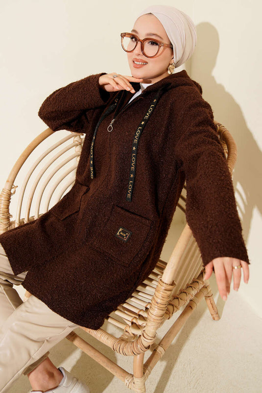 Zippered Pocket Embroidered Boucle Coat Brown