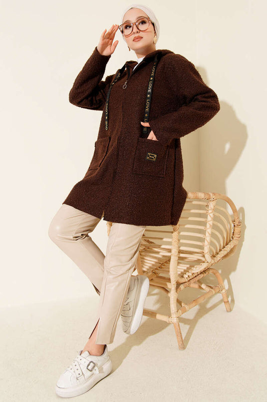 Zippered Pocket Embroidered Boucle Coat Brown