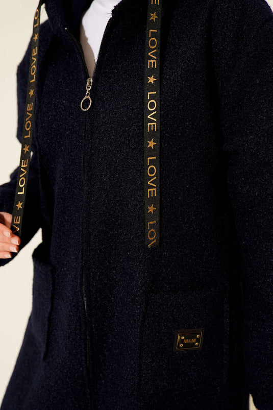 Cappotto bouclé ricamato con tasca con cerniera blu navy