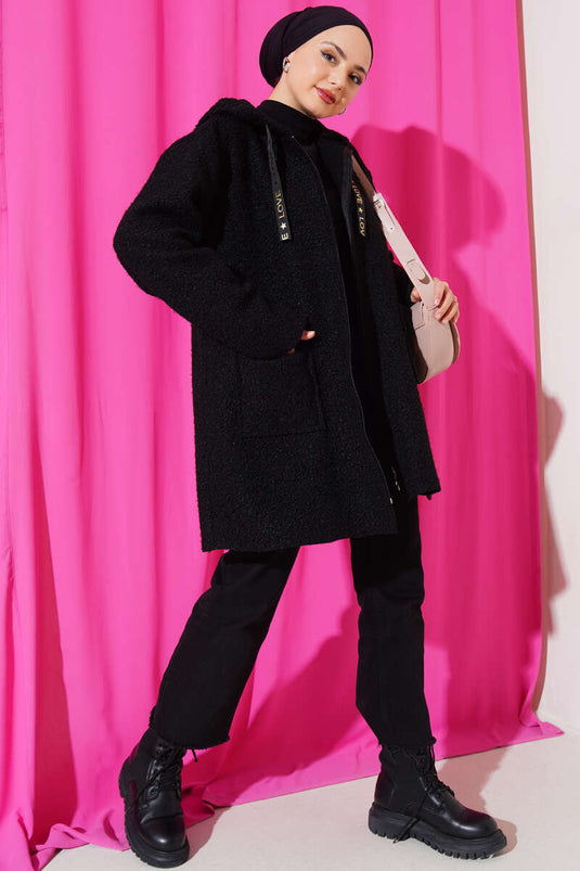 Zippered Pocket Embroidered Boucle Coat Black