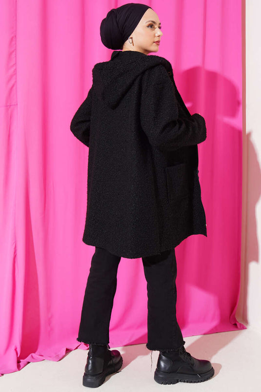 Zippered Pocket Embroidered Boucle Coat Black