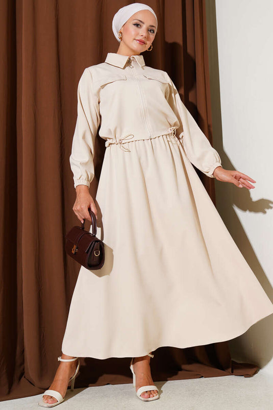 Zippered Pocket Flap Skirted Double Breasted Two Piece Set Beige