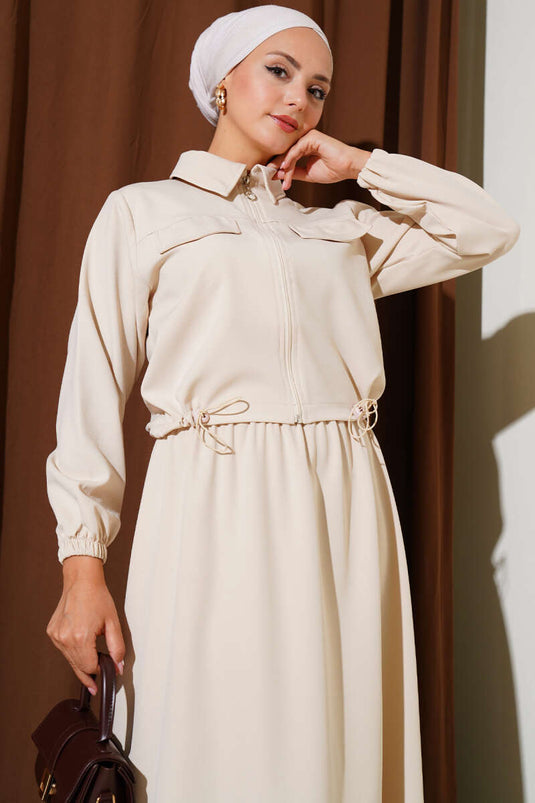 Zippered Pocket Flap Skirted Double Breasted Two Piece Set Beige