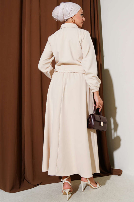 Zippered Pocket Flap Skirted Double Breasted Two Piece Set Beige