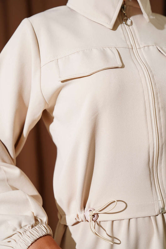 Zippered Pocket Flap Skirted Double Breasted Two Piece Set Beige