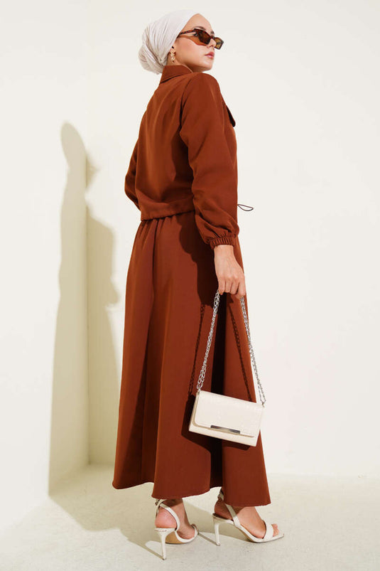 Fermuarlı Cep Kapaklı Etekli Dabıl İkili Takım Kahve