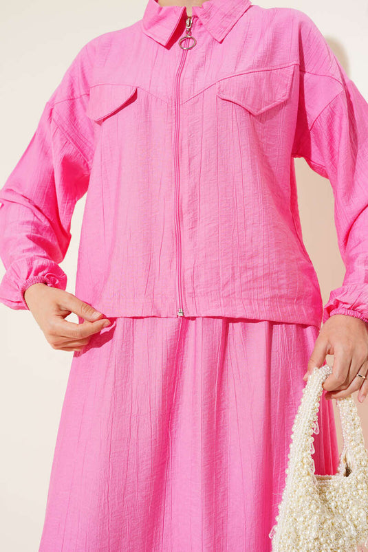 Zippered Pocket Flap Skirted Two Piece Suit Fuchsia