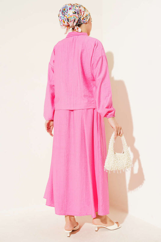 Zippered Pocket Flap Skirted Two Piece Suit Fuchsia