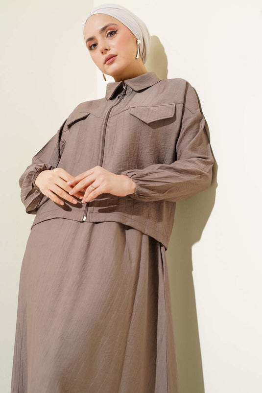 Zippered Pocket Flap Skirted Two Piece Suit Brown