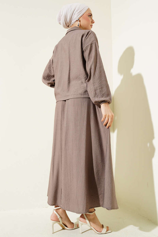 Zippered Pocket Flap Skirted Two Piece Suit Brown