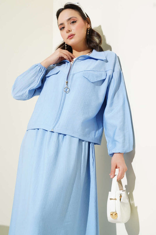 Zippered Pocket Flap Skirted Two Piece Suit Blue