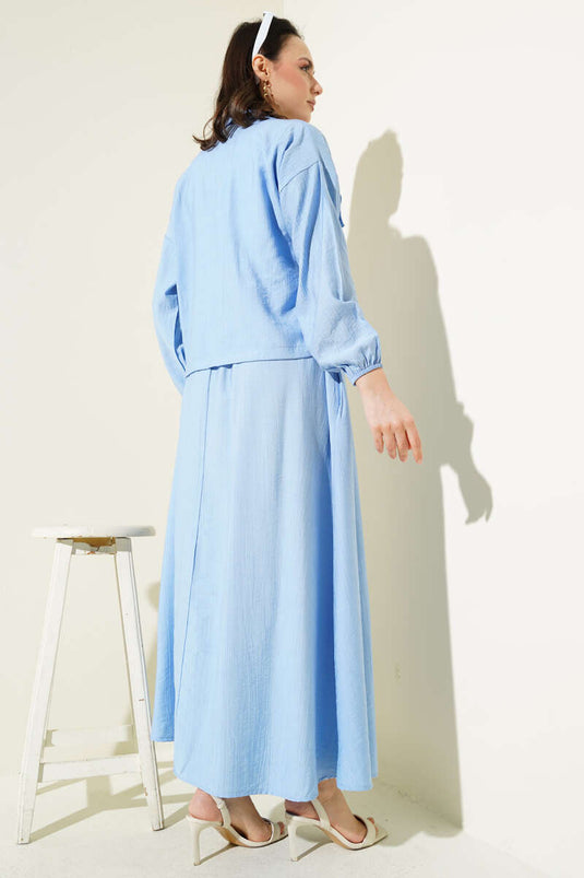 Zippered Pocket Flap Skirted Two Piece Suit Blue